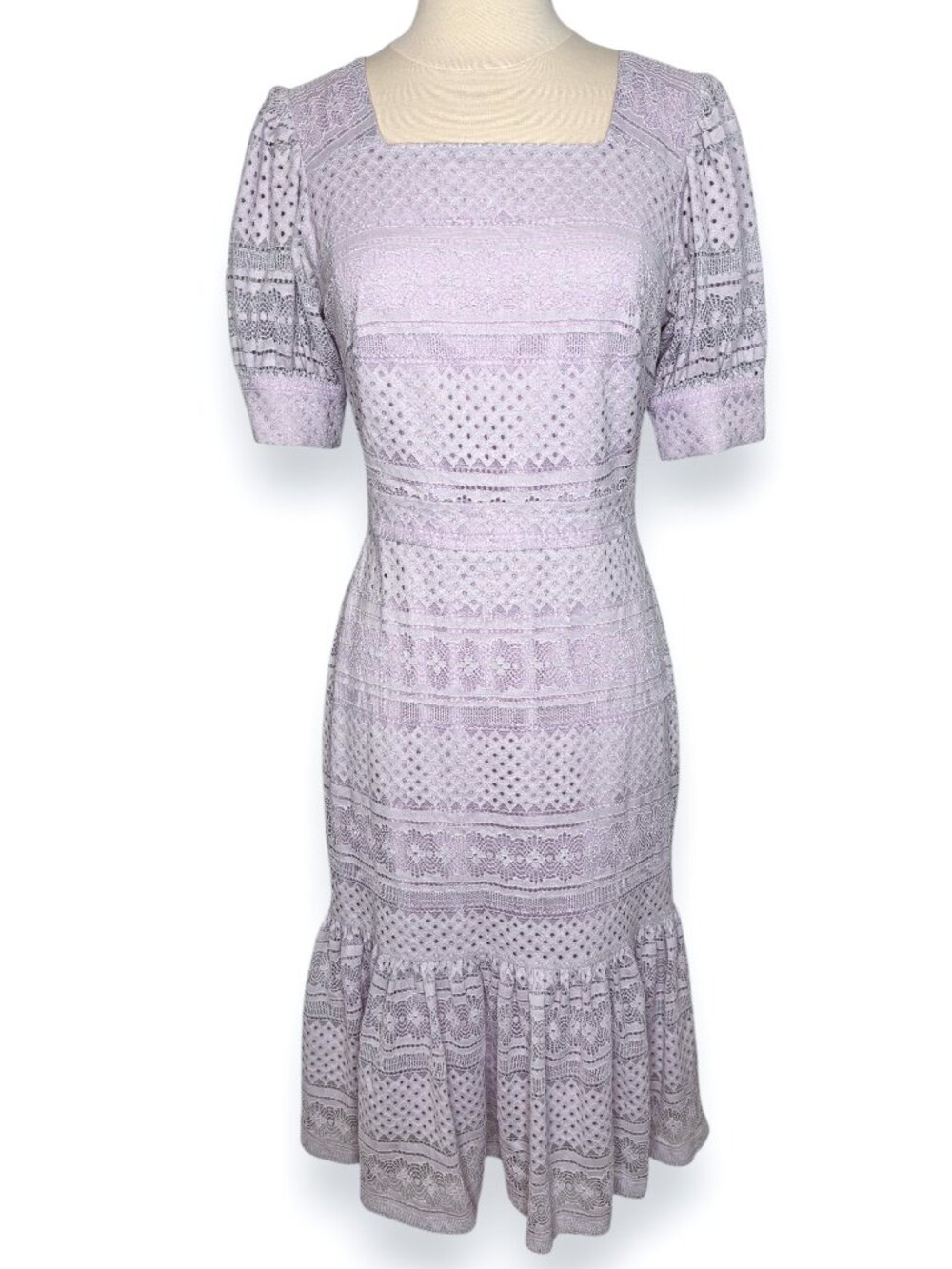 Rachel Parcell Lilac Purple Eyelet Lace Puff Sleeve Flounce Hem Midi Dress Small